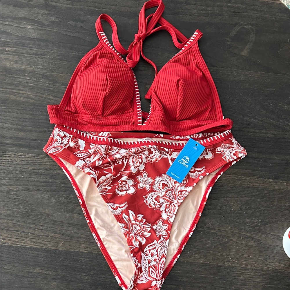 Cupshe Red and White Floral high waisted bikini
